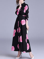 Flower Printed Woman Elegant Long Sleeve Maxi Dress