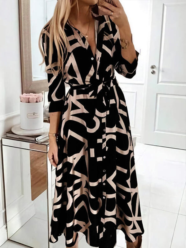 Turn down neck Printed long sleeve tie waist women maxi dresses