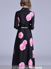 Flower Printed Woman Elegant Long Sleeve Maxi Dress