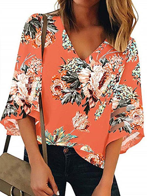 V Neck Floral Printed Blouses