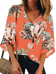 V Neck Floral Printed Blouses