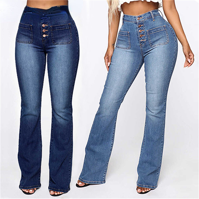 High Waist Elastic Jeans Button Washed Denim Pants Femme Pocke