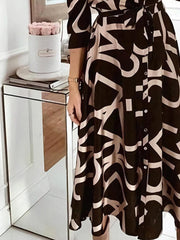 Turn down neck Printed long sleeve tie waist women maxi dresses