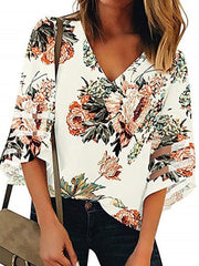 V Neck Floral Printed Blouses