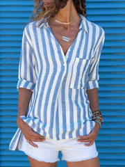 Lapel Pocket Striped Long Sleeve plus size Blouses