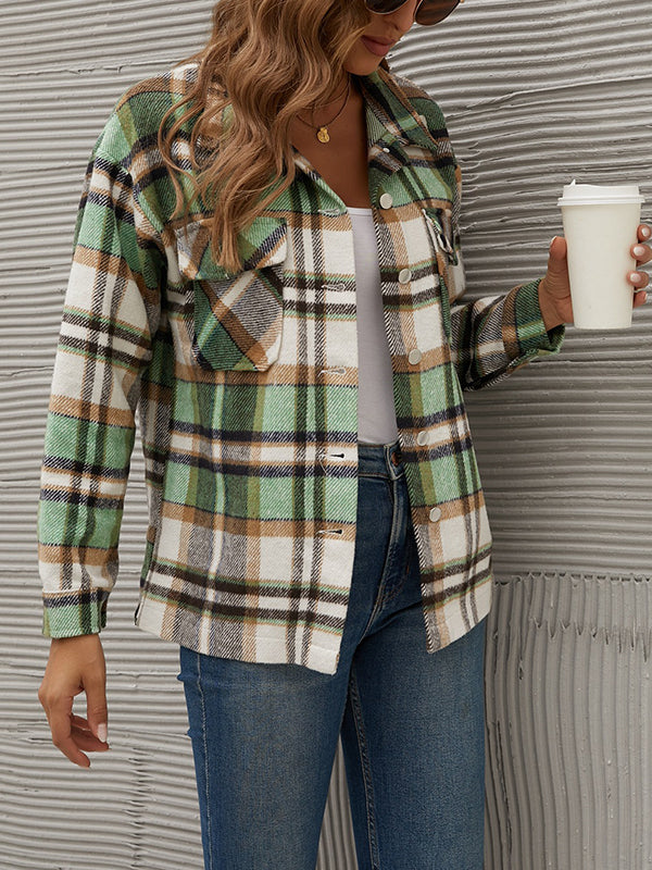Turn down neck grid women stylish long sleeve inner top blouses