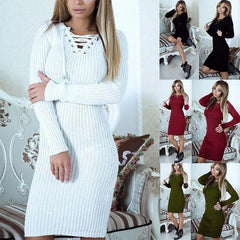 V Neck Lace Up Long Sleeve Fitting Knitting Bodycon Dress