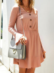 V neck button long sleeve autumn skater dresses