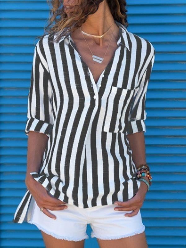 Lapel Pocket Striped Long Sleeve plus size Blouses