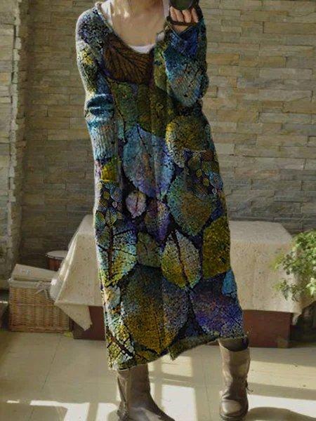 Leaves Printed V Neck Long Sleeve Sexy Dresses