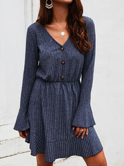 V neck button long sleeve autumn skater dresses