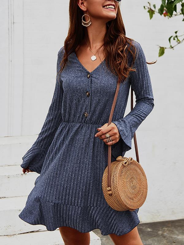 V neck button long sleeve autumn skater dresses