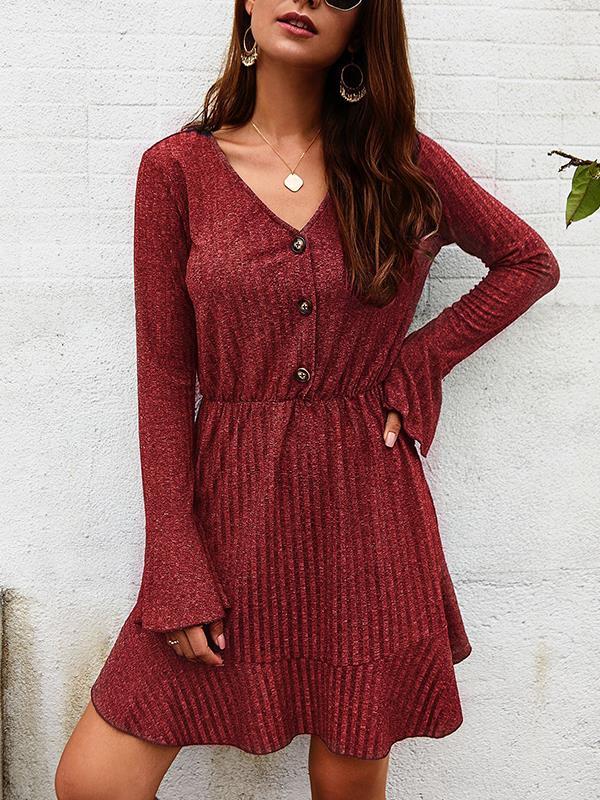 V neck button long sleeve autumn skater dresses