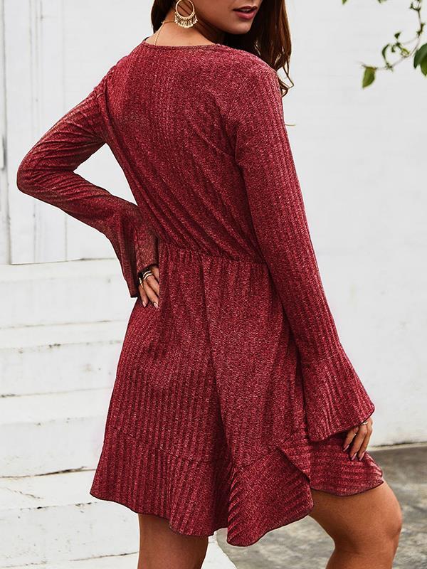 V neck button long sleeve autumn skater dresses