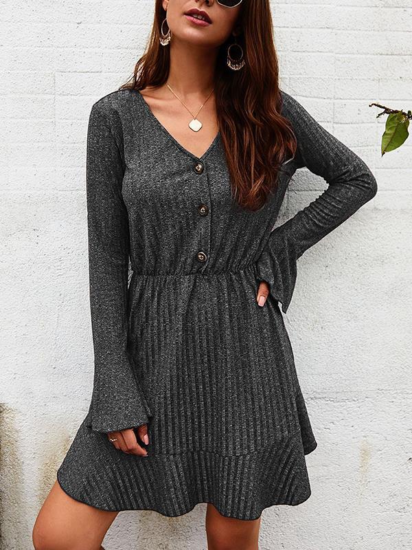 V neck button long sleeve autumn skater dresses