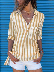 Lapel Pocket Striped Long Sleeve plus size Blouses