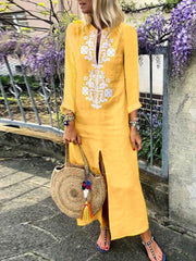 Four Colors Cotton Linen Long Sleeve Solid Loose V Neck Boho Long Dress Casual Dress Maxi Dress For Woman