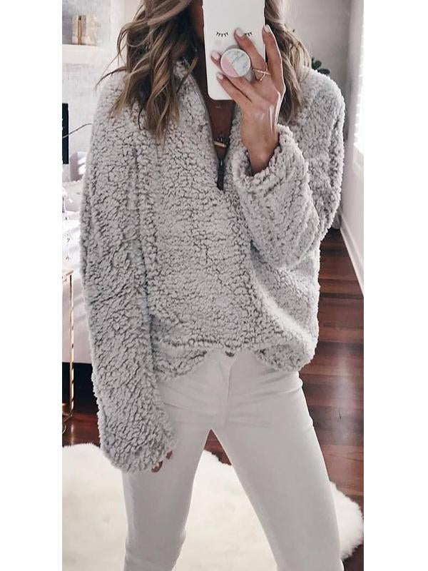 Suede Long Sleeve Half Front Zip Neckline Fashion Sweatshirts
