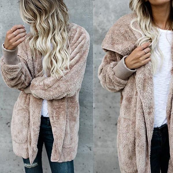 Hooded Fluffy Jacket In Fleece Fur