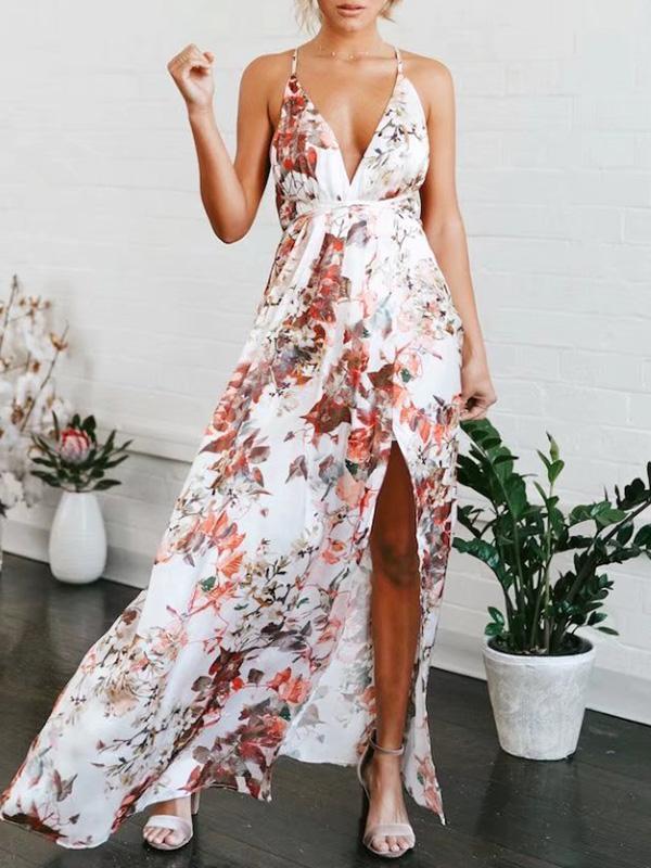Floral V-Neck Split-front Backless Maxi Dresses