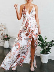Floral V-Neck Split-front Backless Maxi Dresses