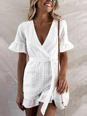 Lace v-neck  flared sleeves short skater dresses