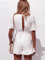 Lace v-neck  flared sleeves short skater dresses