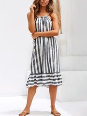 Striped patchwork belt neck women's vacation dresses