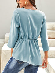 Loose  v-neck long sleeve chic Plain T-shirts