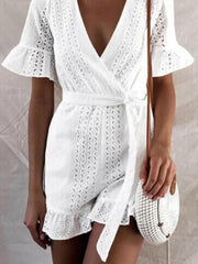 Lace v-neck  flared sleeves short skater dresses
