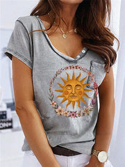 V neck button design printed women T-shirts