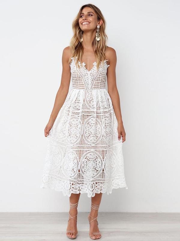 Hollow Spaghetti-neck V Neck Midi Dresses