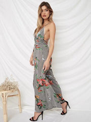 Floral Spaghetti-neck Split Backless Wide Leg Long Jumpsuits