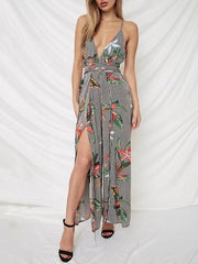 Floral Spaghetti-neck Split Backless Wide Leg Long Jumpsuits