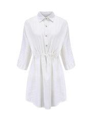 Fashion white turn down neck tie waist Loose shirt vacation dresses