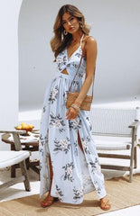 Halter Backless High Slit Floral Printed Sleeveless Maxi Dresses