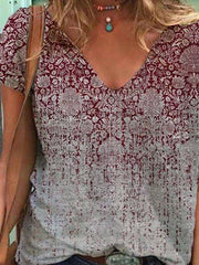V Neck Cotton-Blend Tribal Short Sleeve T-Shirts