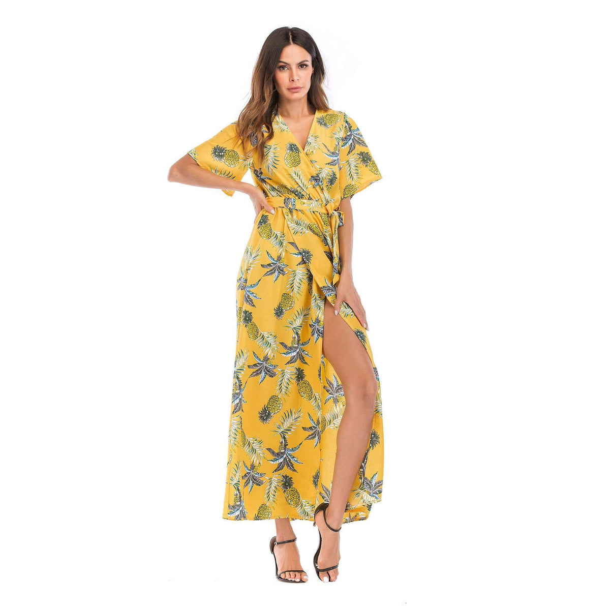 V neck Floral Short sleeve Maxi Dresses