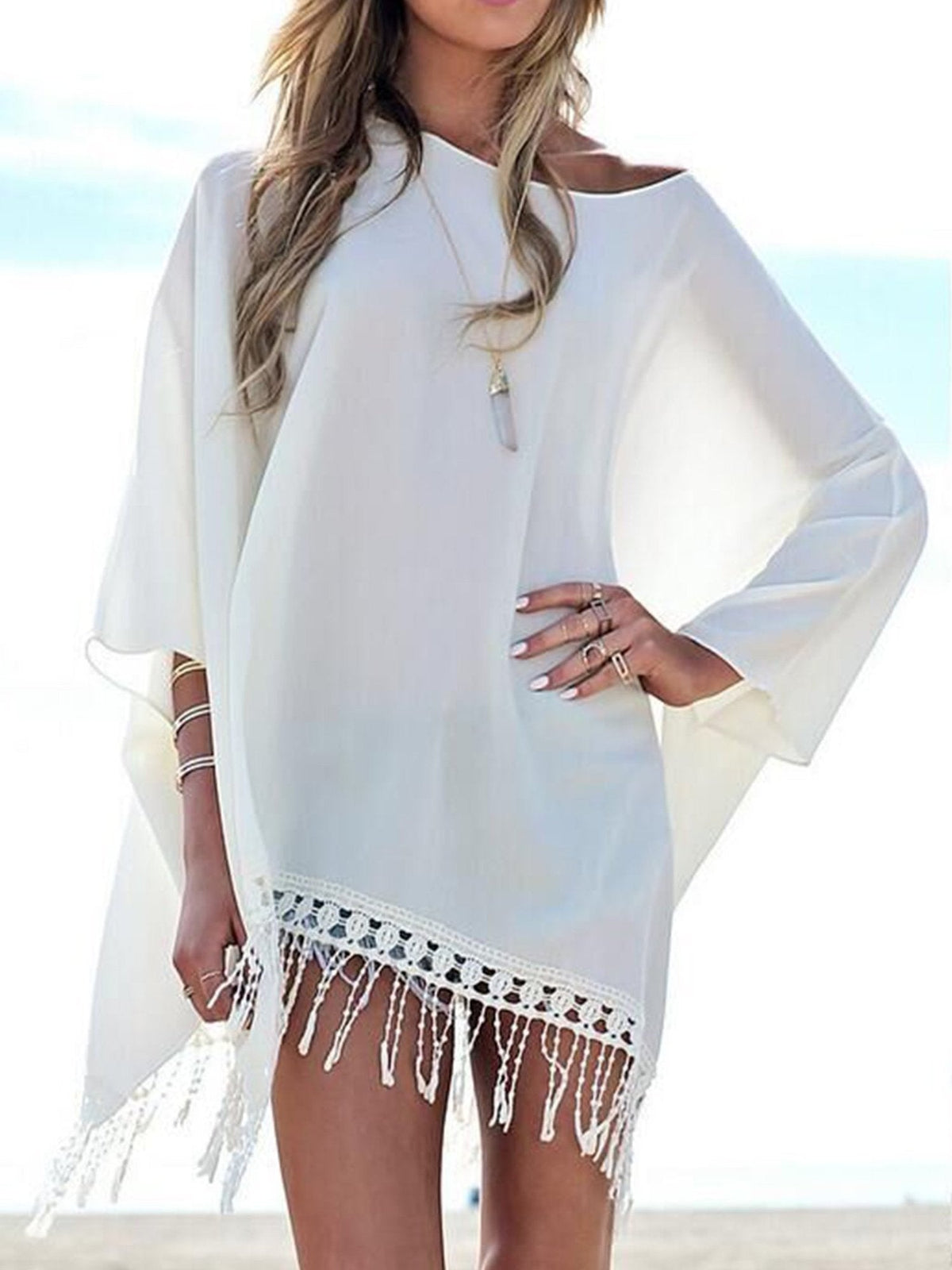 Tassel Plain Batwing Sleeve Beachwear