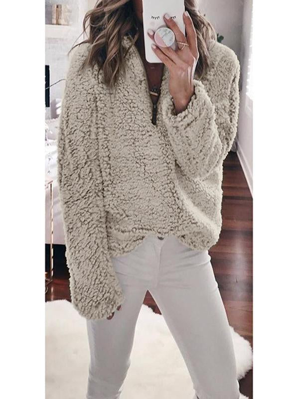 Suede Long Sleeve Half Front Zip Neckline Fashion Sweatshirts