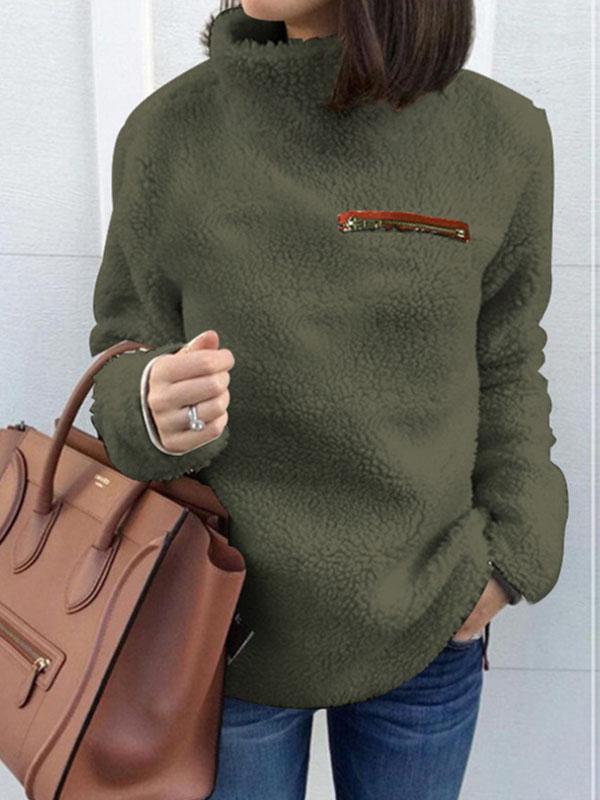 High Collar Zip Plain Tops Sweatshirts
