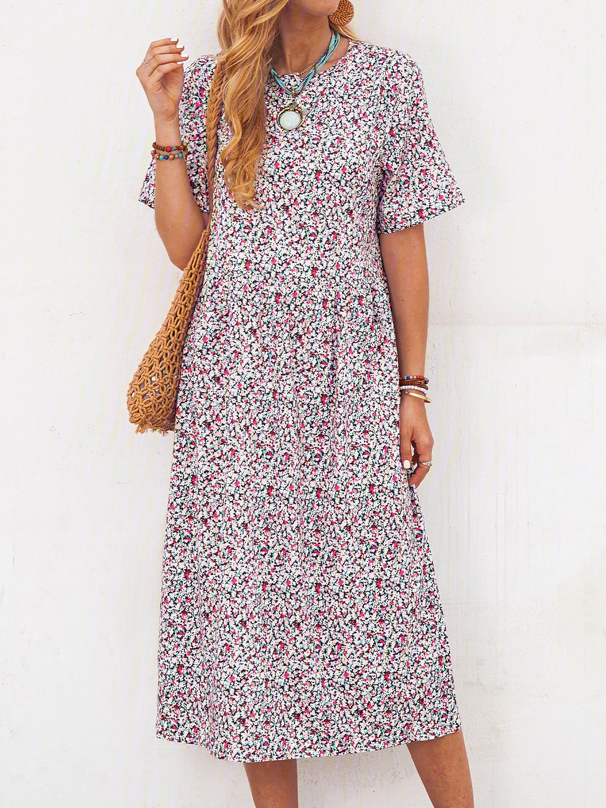 Floral Pockets Midi Dress Summer Short Sleeve Dresses