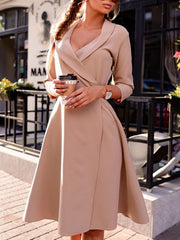 Lapel Slit Solid A-line Elegant Dress