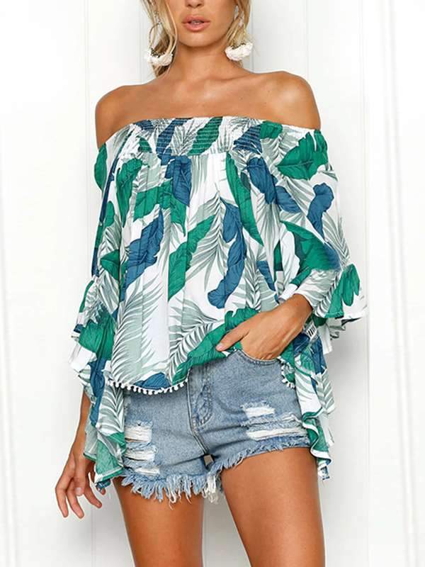 Summer Off Shoulder Women Floral Printed Fashion T-shirt
