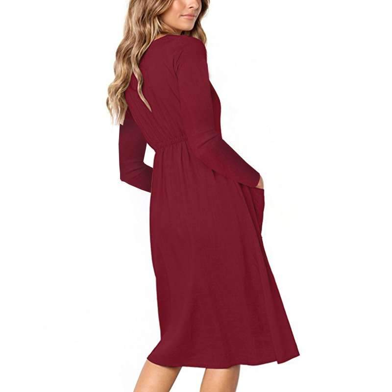 Fashion V neck Fastener Long sleeve Skater Dresses