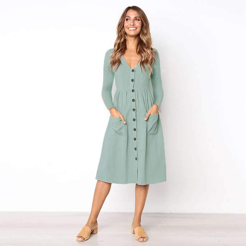 Fashion V neck Fastener Long sleeve Skater Dresses