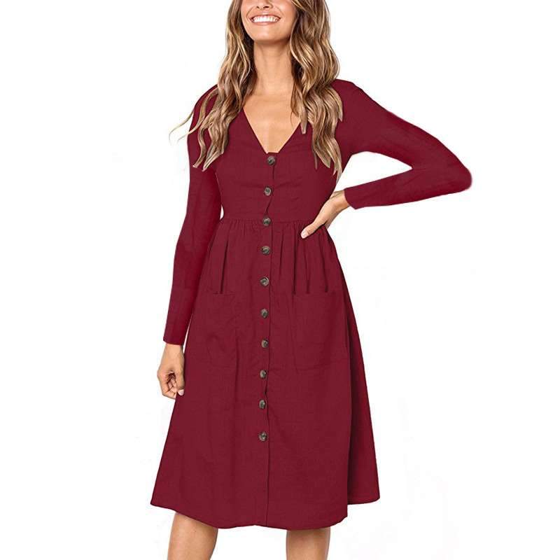 Fashion V neck Fastener Long sleeve Skater Dresses