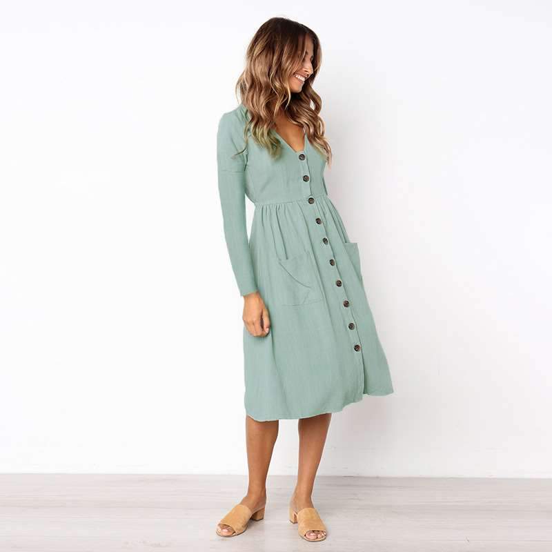 Fashion V neck Fastener Long sleeve Skater Dresses