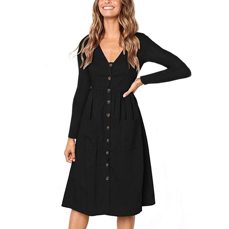 Fashion V neck Fastener Long sleeve Skater Dresses