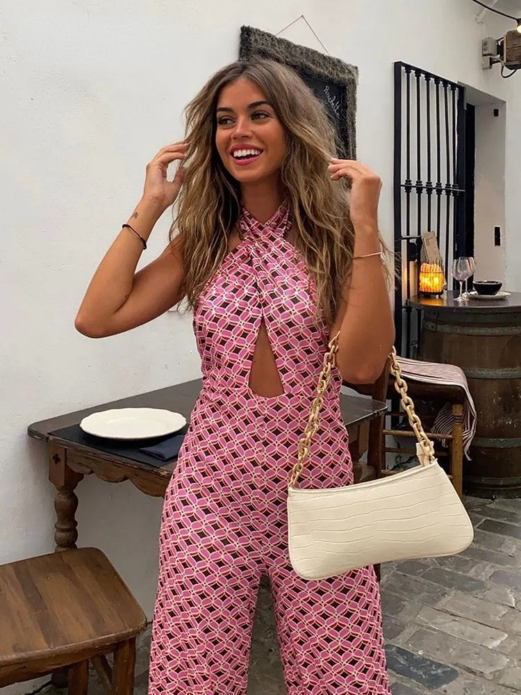 Geometric Print Backless Jumpsuit